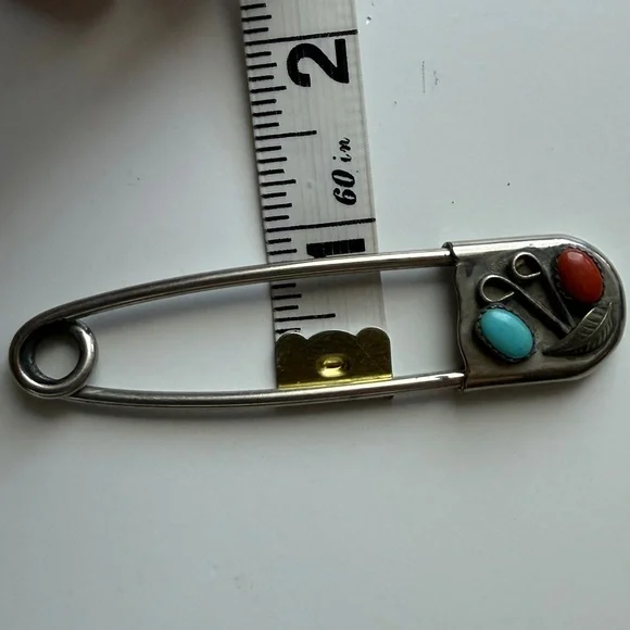 Vintage Pin Brooch Navajo Native American Sterling Silver Red Turquoise Boho - Picture 4 of 4